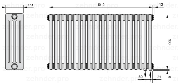 Схема (чертеж) Радиатор Zehnder Charleston 5090/22 №5510 Белый глянцевый RAL 9016